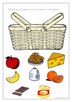 a drawing of a picnic basket with cheese, crackers, apples and oranges