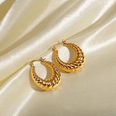 18k gold hoops Croissant style Denim Bodycon Dress, Earring Crafts, Gold Hoops, Online Accessories, Boat Neck, Gold Plating, Sweater Hoodie, Classic Design, Timeless Elegance