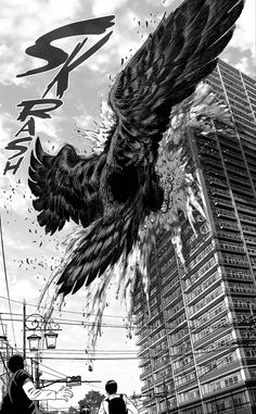 a black and white drawing of a bird flying over a city street with tall buildings in the background