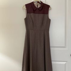 Bcbg Dress With Faux Leather Collar Size 6 Chic Office Midi Dress With Lining, Office Midi Dress Lined, Formal Brown Lined Dress, Brown A-line Dress For Office, Brown A-line Office Dress, Brown A-line Dress For Work, Brown A-line Dresses For Work, Silk Formal Dress, Element Dress