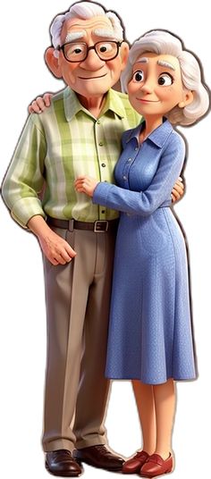 an older man and woman standing next to each other with their arms around each other