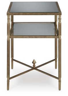 a gold and glass side table with two shelves on each side, one shelf has an open drawer