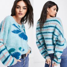 Brand New, Fuzzy Oversized Sweater. Mosaic Sky Combo. Trendy Blue Cropped Sweater, Trendy Blue Sweater With Relaxed Fit, Blue Relaxed Fit Trendy Sweater, Oversized Cropped Sweater, Rust Sweater, Pink Oversized Sweater, Cropped Cable Knit Sweater, Crochet Bell Sleeve, Marled Sweater