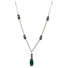 Beautiful Zambian emerald drop with good quality, white, and bright diamond rounds. Handmade in 18k white gold. Length is 16". Zambian Emerald, Onyx Bead, Drop Necklace, Zambia, Bead Necklace, White Diamond, Onyx, Emerald, Beaded Necklace