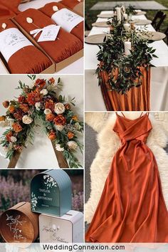 orange and white wedding color palettes for the bride's gown, flowers, napkins