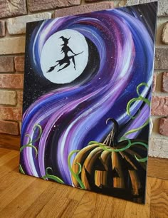 an acrylic painting of a witch flying over a pumpkin