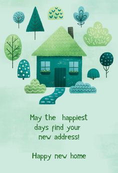 a green house with trees and bushes in the background is an information card for home sweet home