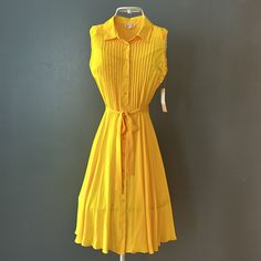 Nwt Nanette Lepore Sleeveless Belted Dress Pleated Bodice Button Up Collared Sheer Light Material Yellow Slip Included 39 Inches From Neckline To Hem 16 Inches Armpit To Armpit 13 Inch Waist 16 Inches From Shoulder To Waist Spring Sleeveless Dress With Button Closure, Spring Sleeveless Midi Dress With Buttons, Sleeveless Buttoned Midi Dress For Spring, Yellow Pleated Sleeveless Midi Dress, Yellow Sleeveless Casual Dress, Sleeveless Dresses With Button Closure For Daywear, Sleeveless Yellow Midi Dress For Daywear, Yellow Sleeveless Midi Dress For Daywear, Sleeveless Midi Dress With Button Closure For Day Out