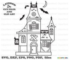 a halloween house with bats flying over it and the words cut files and clip art