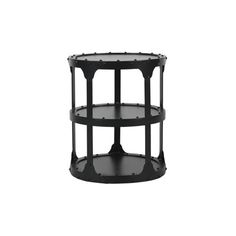 three tiered black metal table with wheels on each side and one shelf below the top