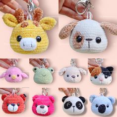 there are many small crocheted animals on this keychain, all in different colors