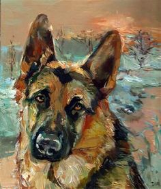 an oil painting of a german shepard dog