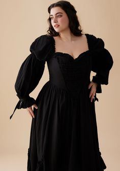 Materials: Shell: 100% Cotton Lining: 90% Polyester 10% Cotton Features: Ajustable bow tie cuffs Back zipper Witch In The Woods, 80s Inspired Outfits, Fancy Black Dress, Vampire Dress, Witch Fashion, Fallen Angels, Wool Clothing, Dreamy Dress, Feminine Outfit