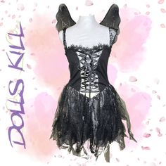 This Sexy Goth Fairy Costume Has A Stretchy Metallic Lining, A Front Lace Up Design, Lace Shoulder Straps, And A Tulle Skirt With A Floral Lace Overlay. Includes Glitter Fairy Wings With Elastic Arm Bands. Materials: 98% Polyester 2% Spandex Care: Machine Washable, Air Dry Black Fairy Aesthetic Costume, Fairy Kei Sleeveless Party Fairy Dress, Fairy Kei Sleeveless Party Dress, Fitted Fairy Kei Dress For Party, Fairy Grunge Fitted Dress For Party, Black Fairy Kei Party Dress, Fairy Kei Black Party Dress, Fitted Fantasy Fairy Dress For Party, Fairy Kei Fitted Mini Dress For Party