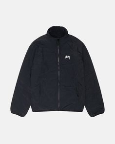 Sherpa Reversible Jacket in black – Stüssy Winter Track Jacket With Embroidered Logo, Stussy Jacket, Boys Closet, Reversible Jacket, Fashion Wishlist, Mountaineering, Embroidery Logo, Long Sleeve Sweatshirts, Denim Pants