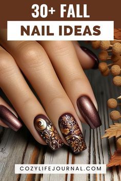 Fall Nail Designs Floral, Falls Nail Idea, Fall Nails Metallic, Autumn Nail Designs Ideas, Gel Nails Fall Colors, Copper Fall Nails, Autumn Colors Nails, Fall Nail Dip Ideas, Classic Nails Elegant Fall