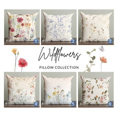 six pillows with different flowers on them and the words wildflowers written in blue