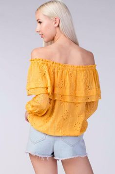 Final Sale - Get it before it's gone! STYLE INFORMATION: Cultivate the perfect look for a festival by the sea with the Beach Fest Yellow Eyelet Off-the-Shoulder Top! Chloe yellow eyelet embroidered poly falls from an elasticized off-the-shoulder double overlay neckline into blouson, long sheer sleeves, lined bodice with velvet bow at hem. DETAILS & CARE: Polyester. Hand Wash Cold. Imported. SHIPPING: Orders are processed within 1-2 business days. Packages are shipped out Monday-Friday, holidays Eyelet Lace Top, Boho Pink, Eyelet Top, Pink Boho, Velvet Bow, Shipping Orders, Eyelet Lace, Sheer Sleeves, By The Sea