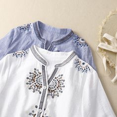 Women's Bohemian Shirt Embroidery Floral Mid Sleeve Shirt Top Bohemian Shirt, Emb Designs, Striped Linen Shirt, Half Sleeve Shirts, Embroidery Floral, Shirt Embroidery, Embellished Top, Women Shirts Blouse, Striped Blouse