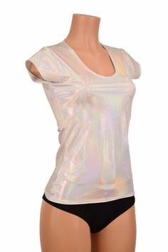 "This item is made to order, please read all the way through the listing before purchasing! This full length top is made of super shiny flashbulb holographic spandex. Scoop neck in front with adorable cap sleeves. Four way stretch for a figure forming fit, want it in one of our other colors or prints? Just ask! Womens Sizing (See below for instructions on where measurements should be taken) XXS: Bust 29\"-30\" / Waist 22\"-23\" / Hips 30\"-32\" Extra Small: Bust 31\"-32\" / Waist 24\"-25\" / Hip Shiny Stretch Disco Tops, Stretchy Shiny Disco Tops, Metallic Stretch Disco Top, Fitted White Rave Tops, Metallic Shiny Fitted Tops, Fitted Metallic Shiny Tops, Fitted Iridescent Tops, Metallic Shiny Stretch Tops, Silver Leggings