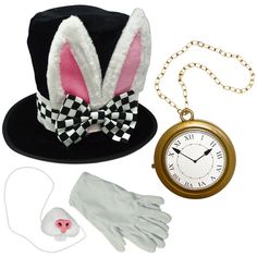 a clock, rabbit ear hat and gloves are on display