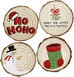 three wood slices decorated with christmas decorations and the words'ho hoho meet me under the mistletoe '