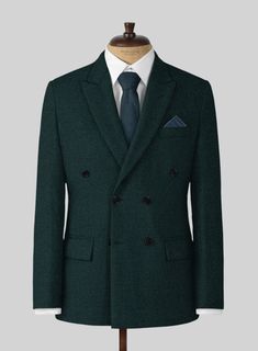 Make a grand impression at a wedding reception with our Naples Bello Green Tweed Double Breasted Suit. Crafted from pure wool, it features a subtle bello green color throughout the plain weave, providing stunning visual appeal. Not only is it durable and warm, but it also exudes classic elegance, making it perfect for any formal occasion. Whether you're attending weddings, formal dinners, cocktail parties, date nights, or traveling for business, this suit will be a stylish companion you can rel Classic Dark Green Semi-formal Suits, Green Double Breasted Suit With Suit Collar, Elegant Tailored Dark Green Blazer, Classic Fitted Dark Green Blazer, Fitted Classic Dark Green Blazer, Classic Dark Green Business Suit, Tailored Dark Green Business Suit, Tailored Elegant Green Three-piece Suit, Tailored Dark Green Blazer For Semi-formal Occasions