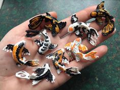 a hand full of different types of toy fish