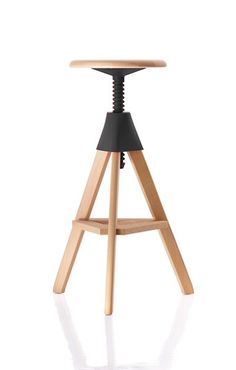 the stool is made out of wood and has a black seat pad on one side