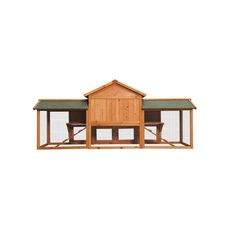 a wooden chicken coop with two chickens in it