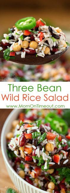 three bean and wild rice salad in a white bowl