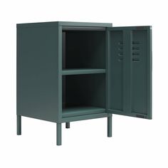 an open cabinet with two shelves and one door on the right side, against a white background