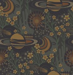 an artistic wallpaper with flowers and planets in the sky, on a dark background