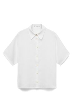 Stay cool throughout the warmer seasons in this lightweight linen button-up perfected by short sleeves and a modern boxy fit. Front button closure Point collar Short sleeves 100% linen Machine wash, line dry Imported Summer Workwear Shirt With Relaxed Fit, Casual Linen Blouse With Placket, Chic Camp Collar Shirt For Summer, Effortless Summer Shirt With Rolled Sleeves, Chic Summer Shirt With Camp Collar, Everyday Summer Blouse With Placket, Everyday Linen Tops With Camp Collar, Summer Button-up Workwear Shirt, Summer Button-up Shirt For Workwear