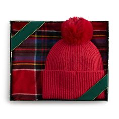 Spruce up your cool weather wardrobe with this women's pompom beanie and plaid scarf duo from Nine West.Spruce up your cool weather wardrobe with this women's pompom beanie and plaid scarf duo from Nine West. How do you accessorize? Check out our ACCESSORIES GUIDE for essential tips to elevate your style with must-have accessories.FEATURES Includes scarf, beanie & gift box Hat: 0.5-in. brim, 8.5"H x 8.5"W, faux fur pompom Scarf: 21"W x 72"L + 1" self fringe, allover plaid print LightweightFABRIC Accessories Guide, Pompom Beanie, Pompom Scarf, Scarf And Hat, Box Hat, Christmas Scarf, Gift Box Ideas, Christmas Clothes, Cool Weather