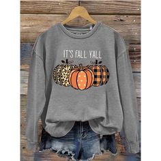 Women's Retro Fall Halloween Print Yes Fall Y'All Funny Cute Sweatshirts Gray Sweater With Graphic Print For Fall, Casual Gray Tops For Halloween, Orange Crew Neck Top For Fall, Orange Relaxed Fit Tops For Fall, Gray Letter Print Sweater For Fall, Cheap Clothing, Women Hoodies, Cute Sweatshirts, Spring Outfits Women