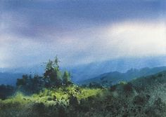 a painting of trees and mountains in the distance