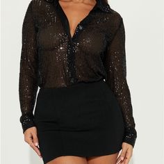 Black Sequin Blouse Brand New Chic Black Party Blouse, Black Party Blouse, Black Sequin Blouse For Date Night, Chic Black Blouse For Date Night, Glamorous Black Tops For Night Out, Glamorous Black Top For Night Out, Black Fitted Blouse For Going Out, Fitted Black Blouse For Going Out, Fitted Black Glamorous Blouse