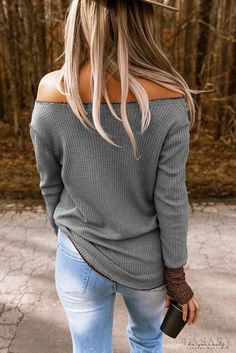 Lasaky - Gray Ribbed Off Shoulder Long Sleeve Top Gray Ribbed Top For Fall, Fall Gray Ribbed Top, Non-stretch Gray Fall Tops, Gray Ribbed Collar Top For Fall, Winter Plain Gray Tops, Winter Fitted Waffle Knit Tops, Plain Gray Winter Tops, Gray Plain Winter Tops, Gray Plain Tops For Winter