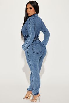 Available In Denim And Black. Denim Jumpsuit Collar Long Sleeve Front Zipper Pockets Jogger Stretch Disclaimer: Due To The Specialized Wash Process, Each Garment Is Unique. 95% Cotton 5% Spandex Imported | Not Too Late Denim Jumpsuit in Medium Wash by Fashion Nova Black Denim Jumpsuit, Denim Jumpsuit, Too Late, Black Denim, Front Zipper, Fashion Nova, Zipper Pocket, Jumpsuit, Spandex