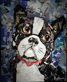 a dog made out of many different types of papers and magnets on it's face