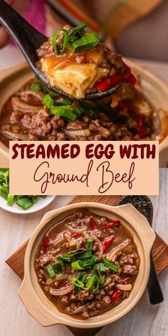 steamed egg with ground beef in a bowl on a wooden table next to other dishes