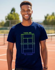 "Unleash your skills in our trendsetting \"Take Me To Court\" tennis t-shirt!  📦 Free US shipping over $35 🏭 1-day production   🚚 US/CAN shipping: 2-5 days  ✈️ International shipping: 10-30 days Made from the softest materials, our short-sleeve tee ensures superior comfort and fit for casual or on-court wear. T-shirts are made from 100% ethically grown ring-spun cotton. Consult our size guide for the perfect fit. Check out our store -- B's Sports Tees -- for the latest on-trend tennis t-shirt Sporty Screen Print T-shirt For Tennis, Blue Short Sleeve Tennis Top, Sporty Tennis T-shirt With Logo Print, Casual Tennis T-shirt With Moisture-wicking, Casual Moisture-wicking Tennis T-shirt, Graphic Tee T-shirt For Tennis, Short Sleeve, Graphic Tee T-shirt For Tennis With Short Sleeves, Graphic Tee T-shirt For Tennis, Graphic Tee Short Sleeve T-shirt For Tennis