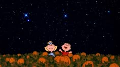 peanuts and charlie on pumpkin patch at night