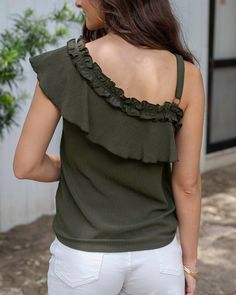 Deep Green Havana One Shoulder Ruffle Top | Green One Shoulder Top Elegance, comfort, and fun - this top has it all! Our Havana One Shoulder Top has a flirty one-shoulder design with an adjustable strap for added comfort and ruffle details for a feminine touch - all in a gorgeous deep, dark green color. Pair this breezy top with some shorts for a lovely look, or dress things up with a maxi skirt and a pair of wedges! Why you’ll love it: One shoulder top with single adjustable strap Double ruffle Off-shoulder Ruffled Tops For Brunch, Chic Green Off-shoulder Top, Casual Green One Shoulder Top, Summer Green One Shoulder Top, Summer One Shoulder Green Tops, Green One-shoulder Summer Tops, Green One-shoulder Top For Summer, Off-shoulder Ruffle Tops For Vacation, Off-shoulder Ruffled Tops For Vacation