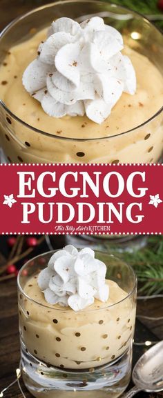 eggnog pudding with marshmallows in a glass dish