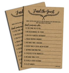 two brown paper cards with the words find the guest on them, and an image of a