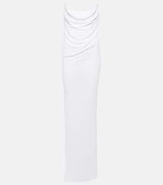 A sexy yet luxe white corset dress perfect for your next Instagram photoshoot. Crafted from buttery stretch viscose with built-in boning for sculpted curves, while the strapless sweetheart neckline accentuates décolletage. Fitted from bust to thigh with a flirty high-low hem, this figure-flattering gown ensures all eyes will be on you. Size down for added siren status, then slip into a pair of sky-high heels to channel old Hollywood glamour in this timelessly chic piece made to flaunt your flawl White Stretch Draped Dress, White Draped Stretch Dress, White Fitted Elastane Maxi Dress, Fitted Draped Viscose Maxi Dress, Draped Corset, White Corset Dress, Instagram Photoshoot, Boned Corsets, Strapless Sweetheart Neckline