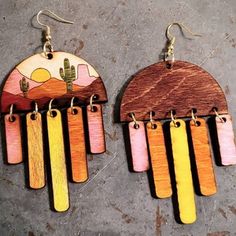 Brown Artsy Earrings, Brown Dangle Earrings With Artsy Style, Artsy Dangle Pierced Earrings, Artsy Yellow Earrings For Pierced Ears, Yellow Dangle Earrings In Artsy Style, Scene Earrings, Amanda Williams, Laser Cut Wood Earrings, Desert Scene