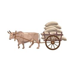 a cow pulling a cart filled with pillows